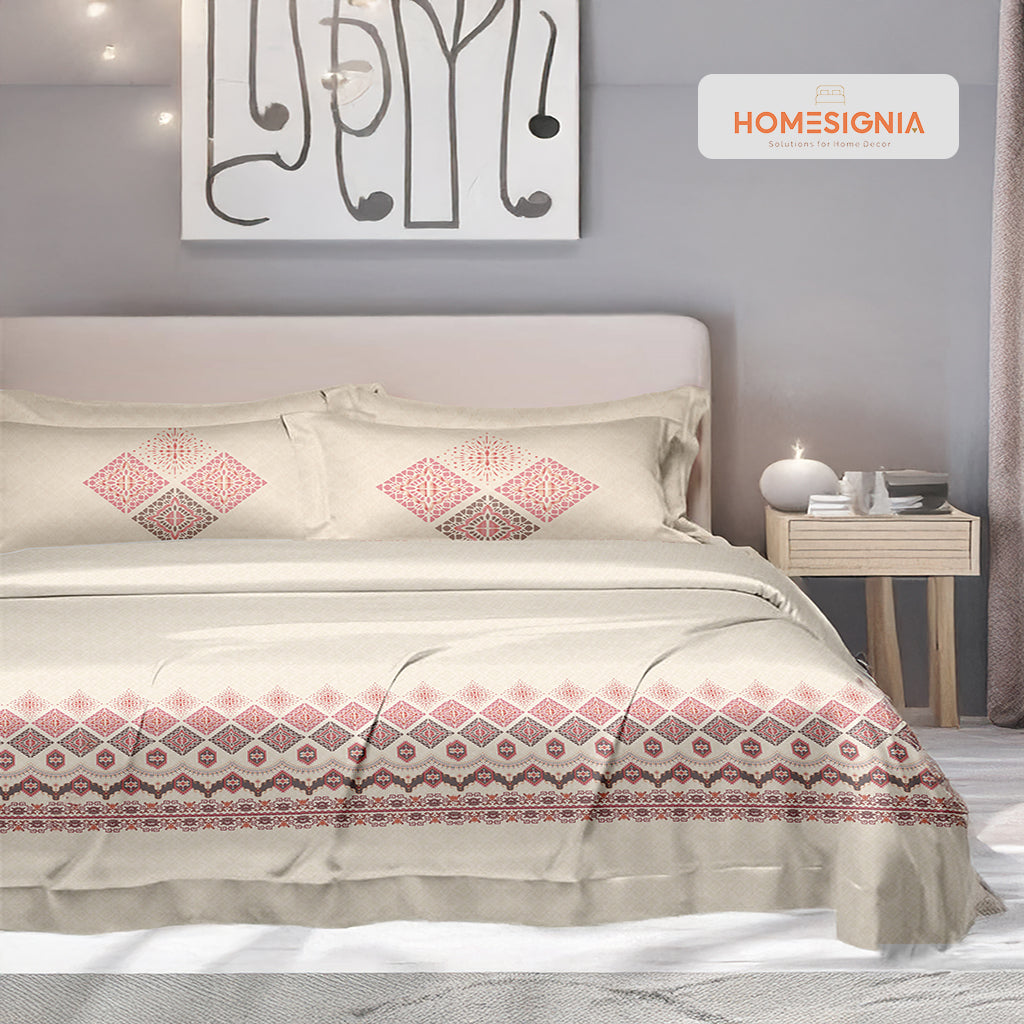 Premium King Size Beige Bedsheet with Pink Diamond Motif - Homesignia
