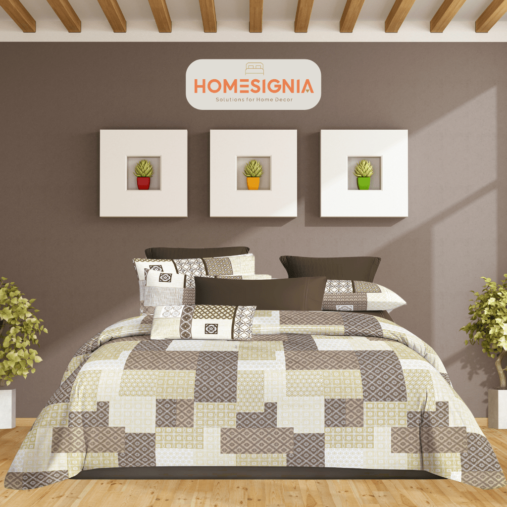 Beige & Brown Geometric Patchwork Cotton Bedsheet - Homesignia