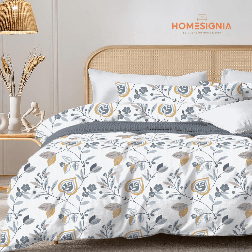 100% Cotton Floral Pattern White & Grey Fitted Elastic Bedsheet - Homesignia