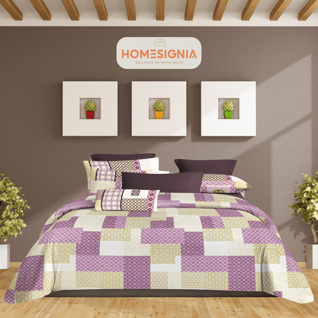 100% Cotton Lavender & Cream Geometric King Size Bedsheet Set - Homesignia