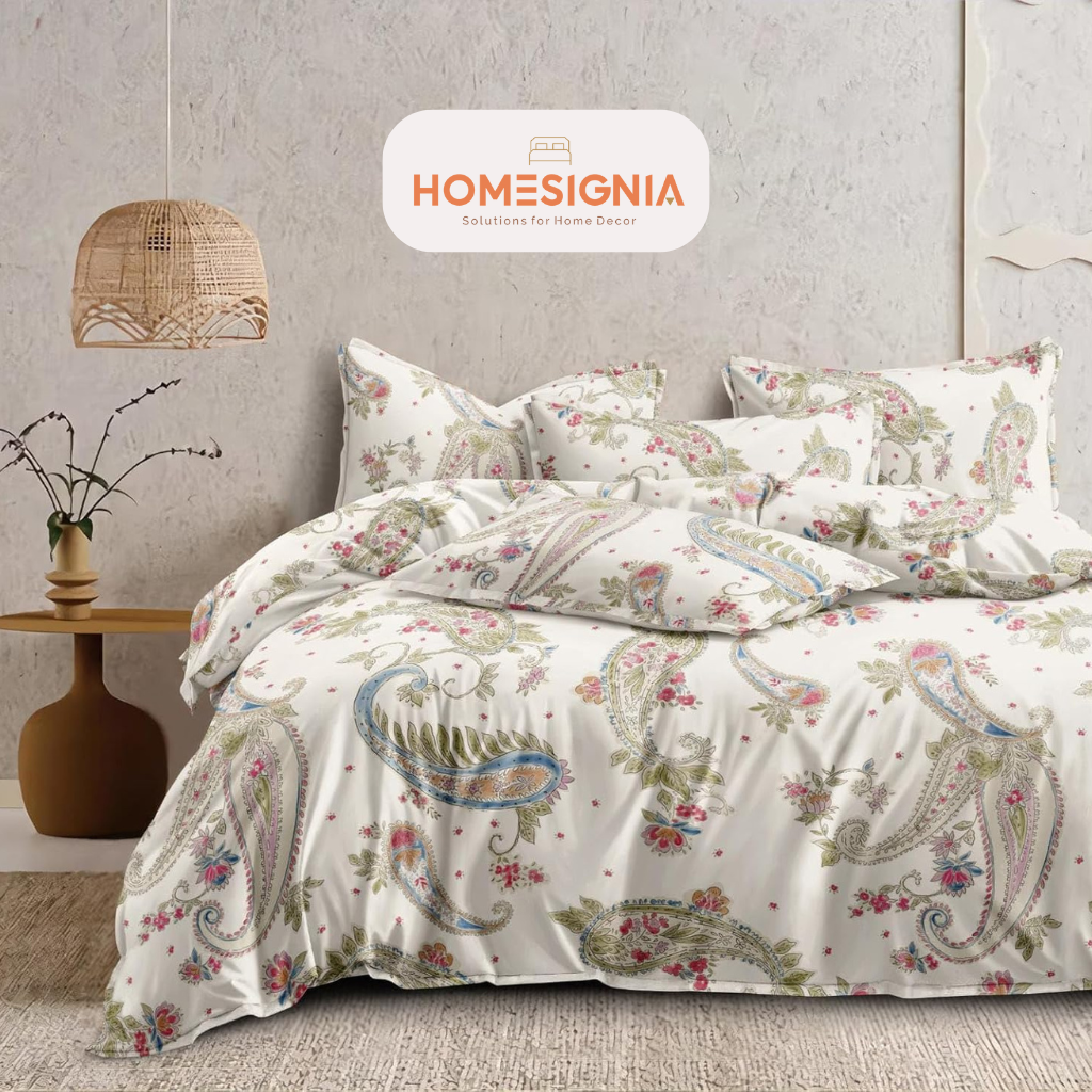 White Paisley Print Cotton Blend King Size Bedsheet - Homesignia