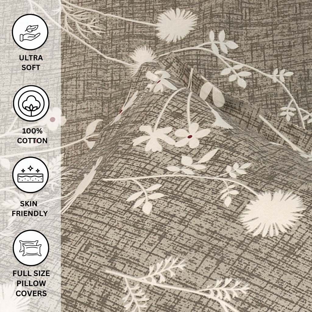Elegant Grey Floral Cotton Double Size Bedsheet with 2 Pillow Covers - Homesignia