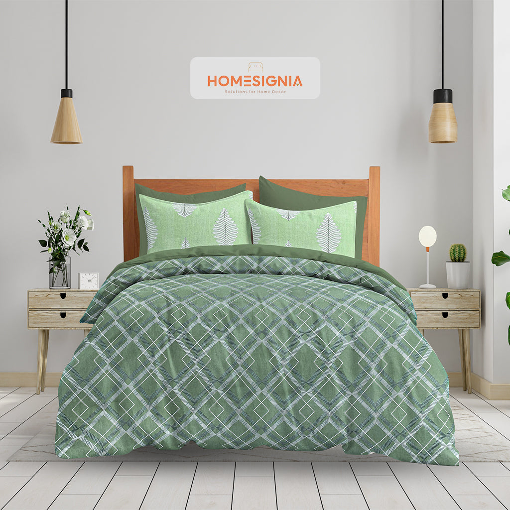 Serene Green Checkered Cotton Bedsheet with Leafy Pillow Set - Homesignia