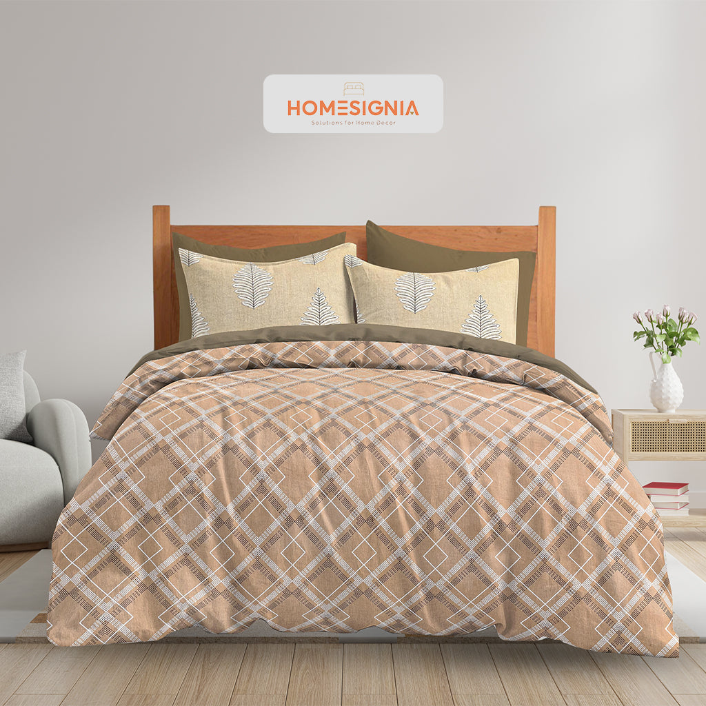 Rustic Beige and Leaf Print King Size Bedsheet with Pillow Covers - Homesignia