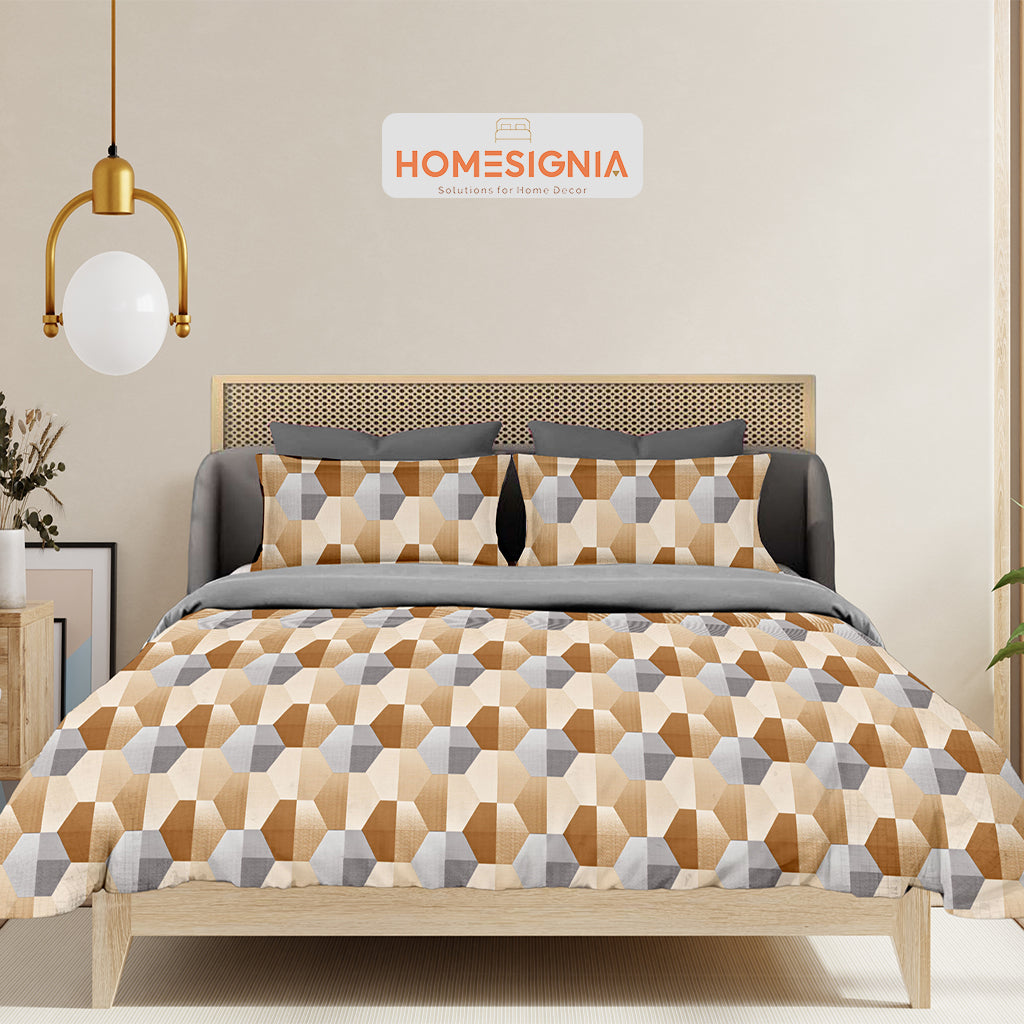 Modern Geometric King Size Bedsheet with Neutral Toned Pillow Covers - Homesignia
