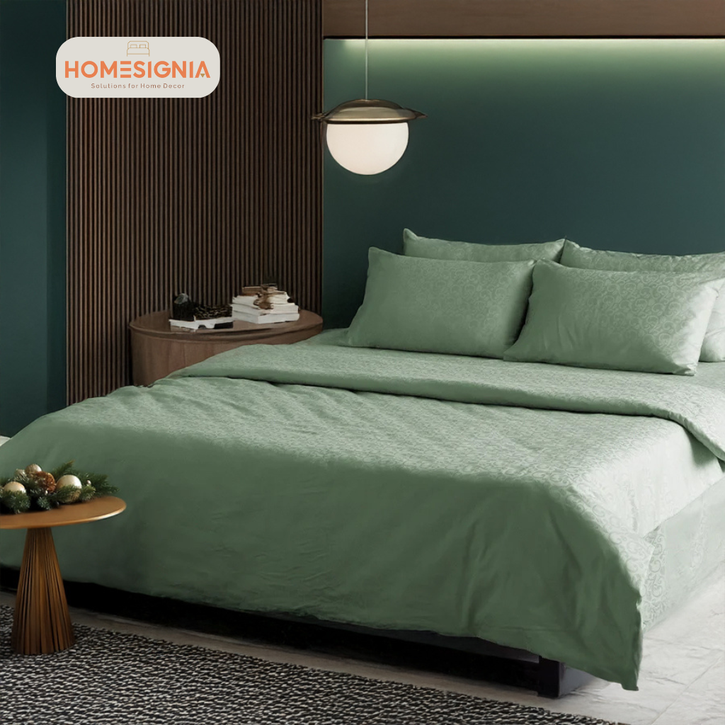 Soft Coral Green Jacquard Floral Patterned King Size Bedsheet - Homesignia