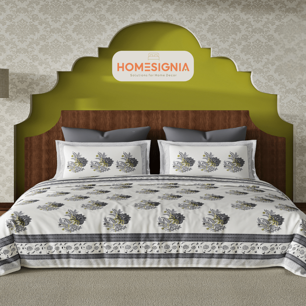 210 TC Royal Heritage Handblock Print Bedsheet Set-Grey - Homesignia