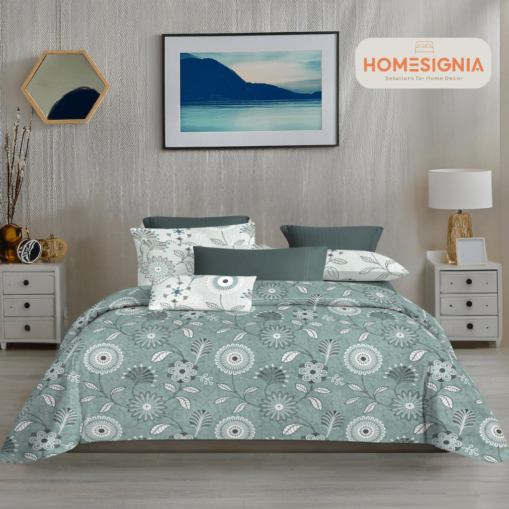 210 TC Sea Green Floral King Size Bedsheet Set - Homesignia