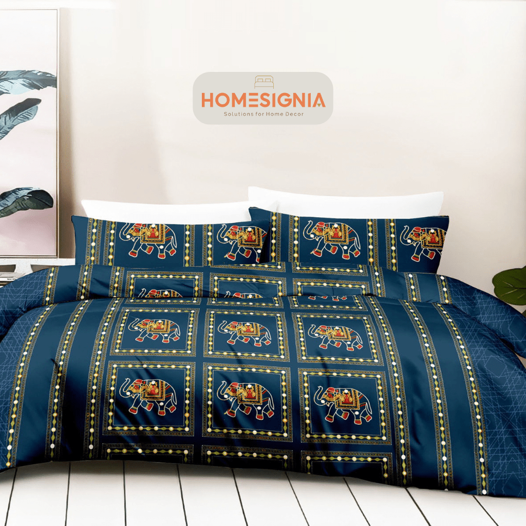 210 TC Traditional Navy Elephant Block Print King Size Bedsheet - Homesignia