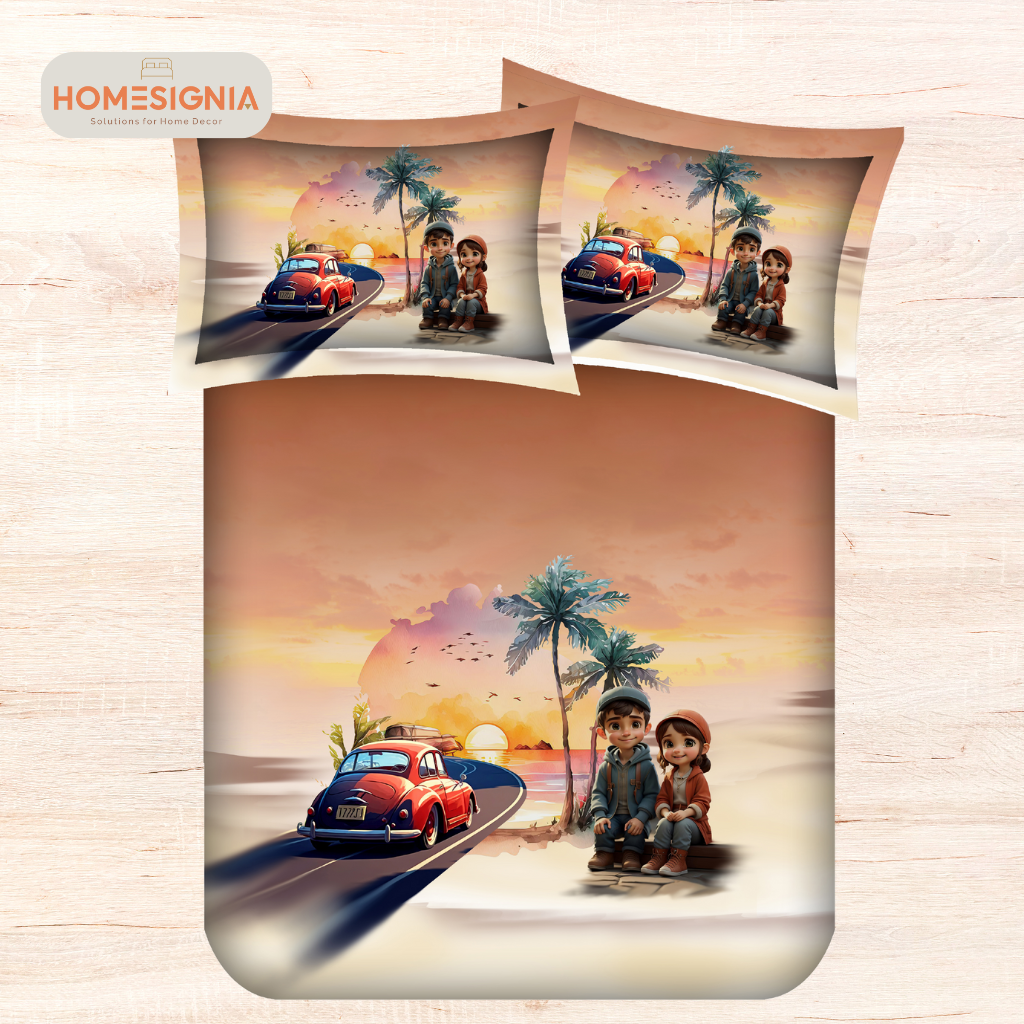 Vintage Sunset Roadtrip King Size Bedsheet with Pillow Covers - Homesignia