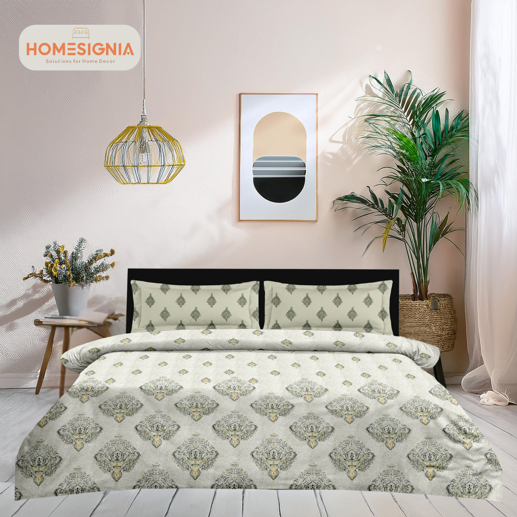 264 TC Vintage Charm Beige Geometric King Size Bedsheet with 2 Pillow Covers - Homesignia