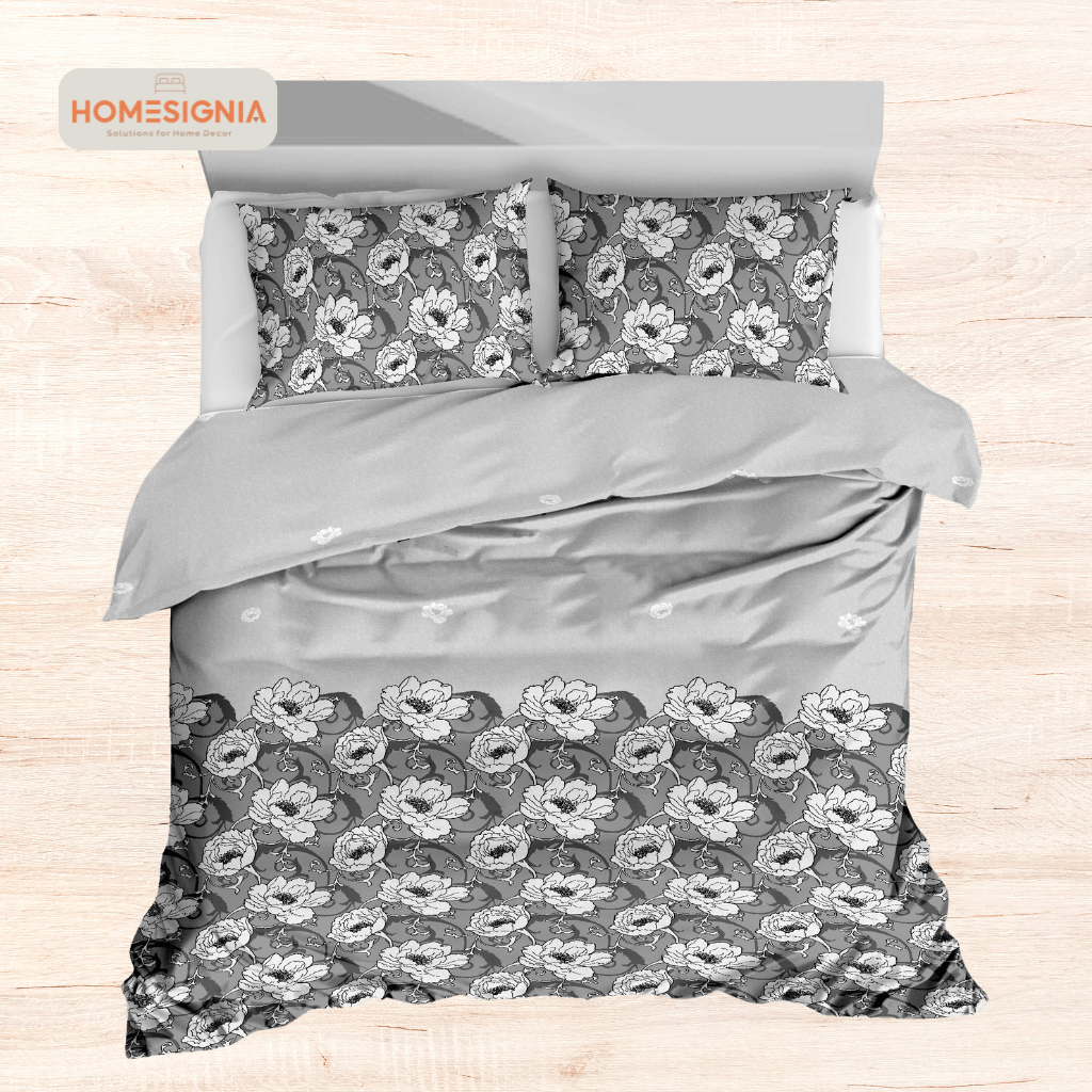 260 TC Classic Grey Floral King Size Bedsheet with 2 Pillow Covers - Homesignia