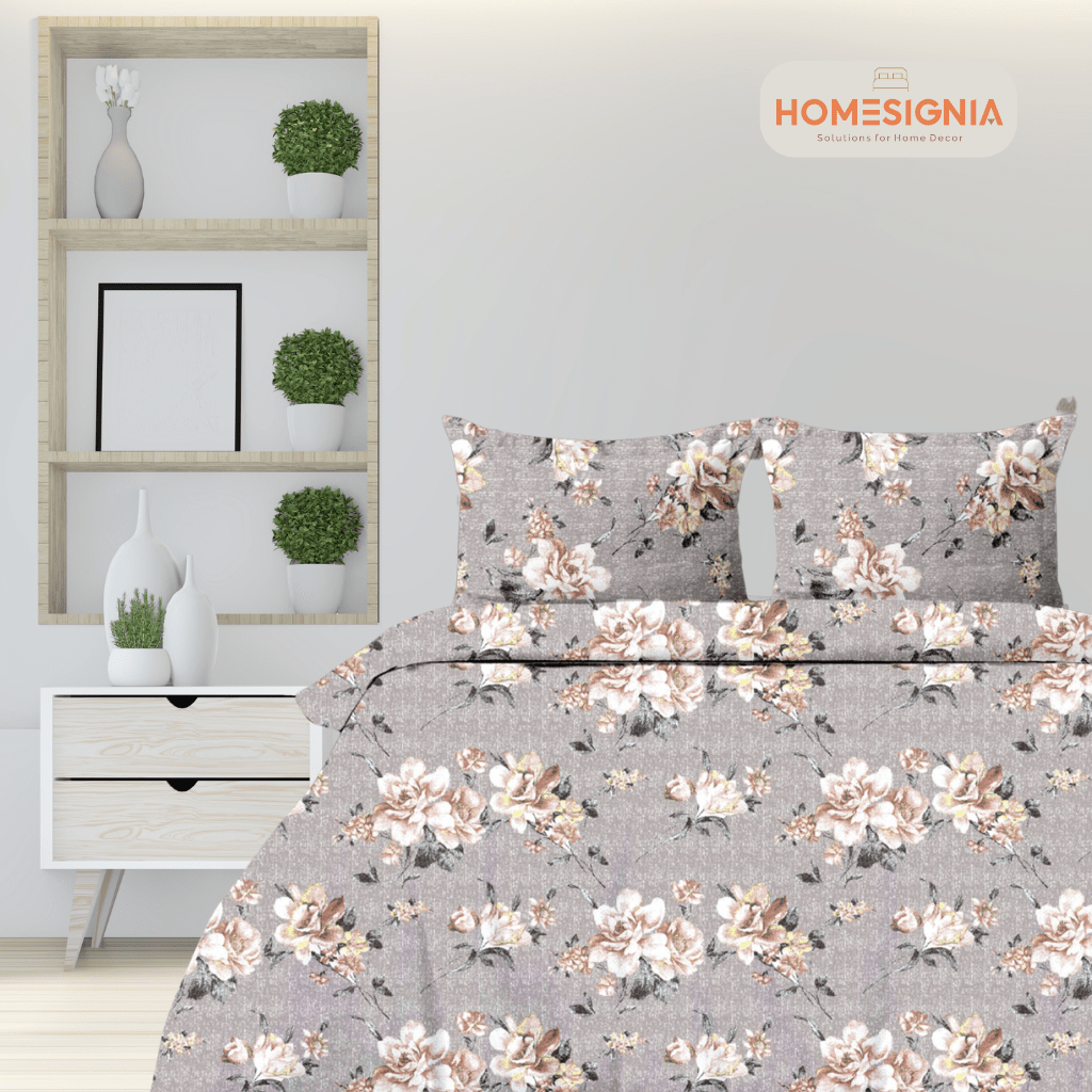 260 TC Elegant Botanical Print King Size Bedsheet with 2 Pillow Covers