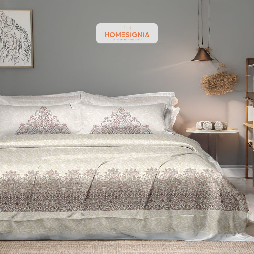 Beige King Size Bedsheet Set with Geometric Pattern & Pillow Covers - Homesignia