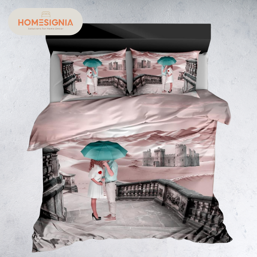 284 TC Pink Dreamy Romantic Castle Couple Bedsheet Set - Homesignia