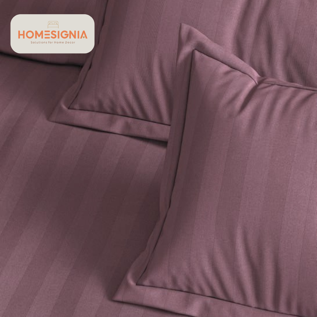 300 TC 100% Cotton Plum Satin Stripe King Size Bedsheet with 2 Pillow Covers_2