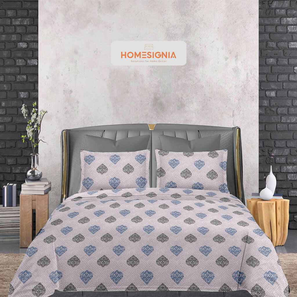 Blue & Grey Printed King Size Bedsheet Set - Homesignia