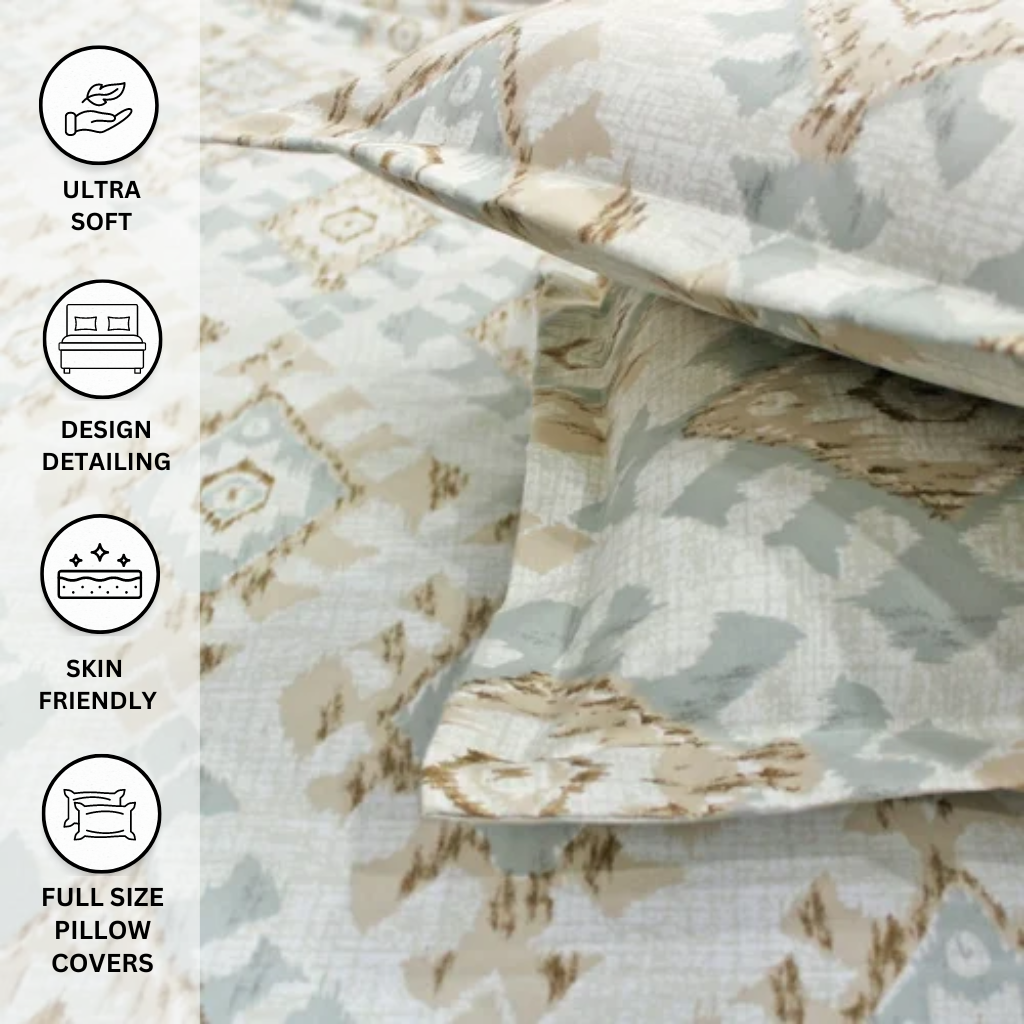 Elegant Beige Geometric Double Bedsheet with 2 Pillow Covers - Homesignia