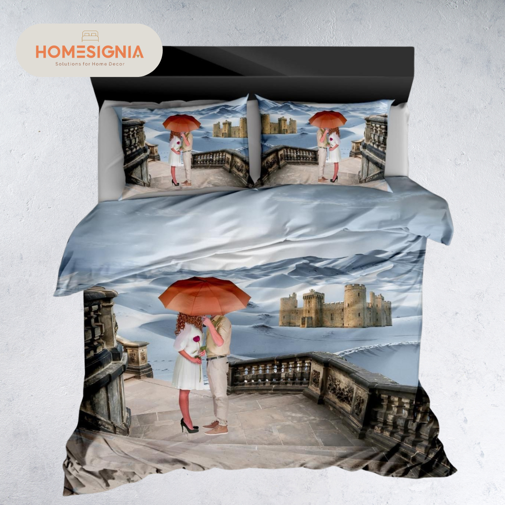 284 TC Blue Dreamy Romantic Castle Couple Bedsheet Set - Homesignia