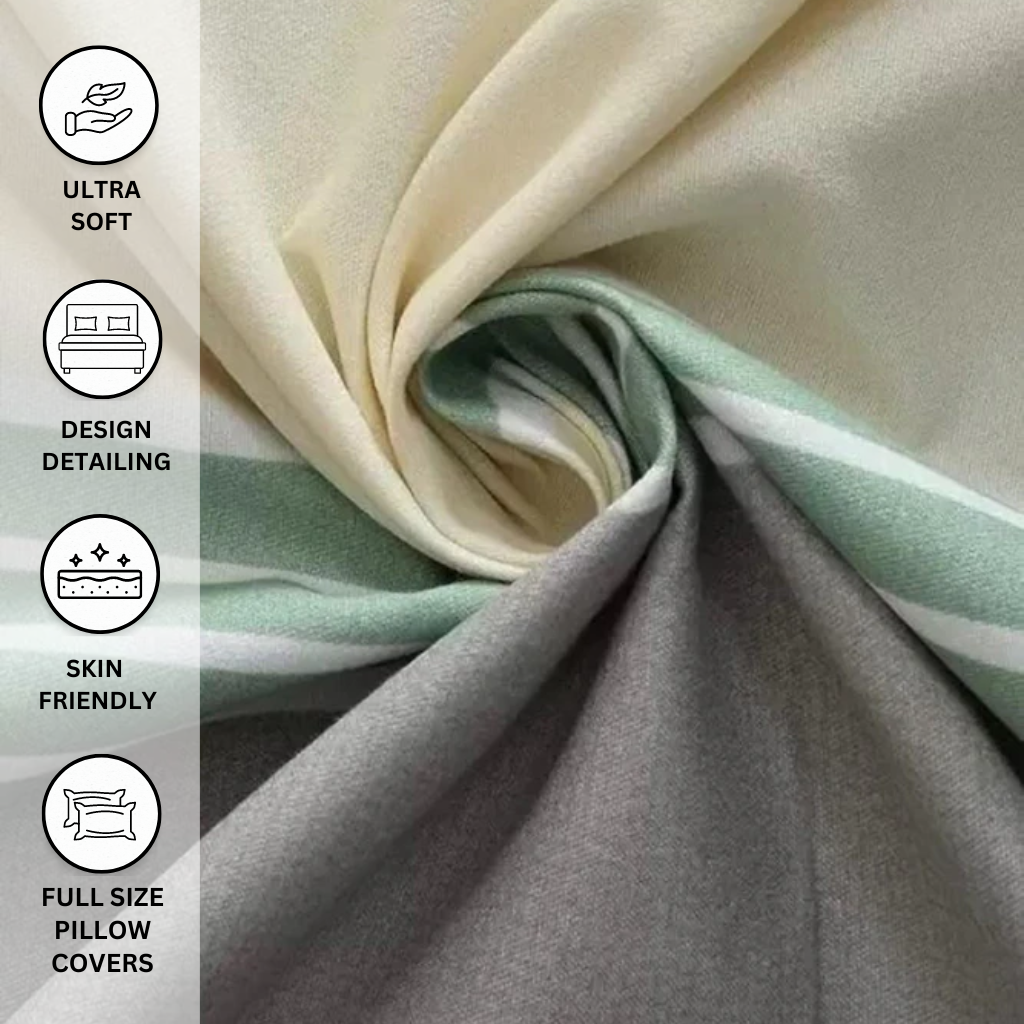 Green & Grey Striped Double Bedsheet with 2 Pillow Covers - Homesignia