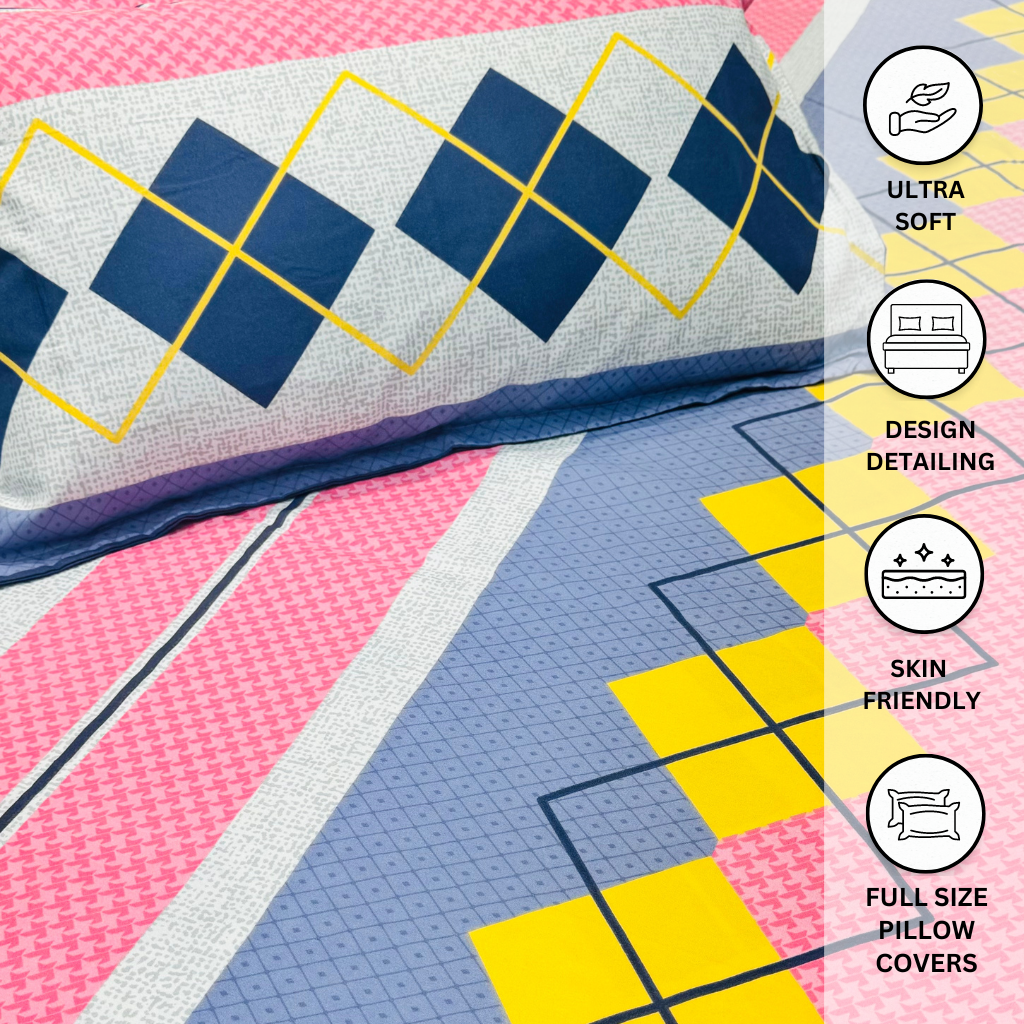 Pink & Navy Geometric Double Bedsheet with 2 Pillow Covers - Homesignia