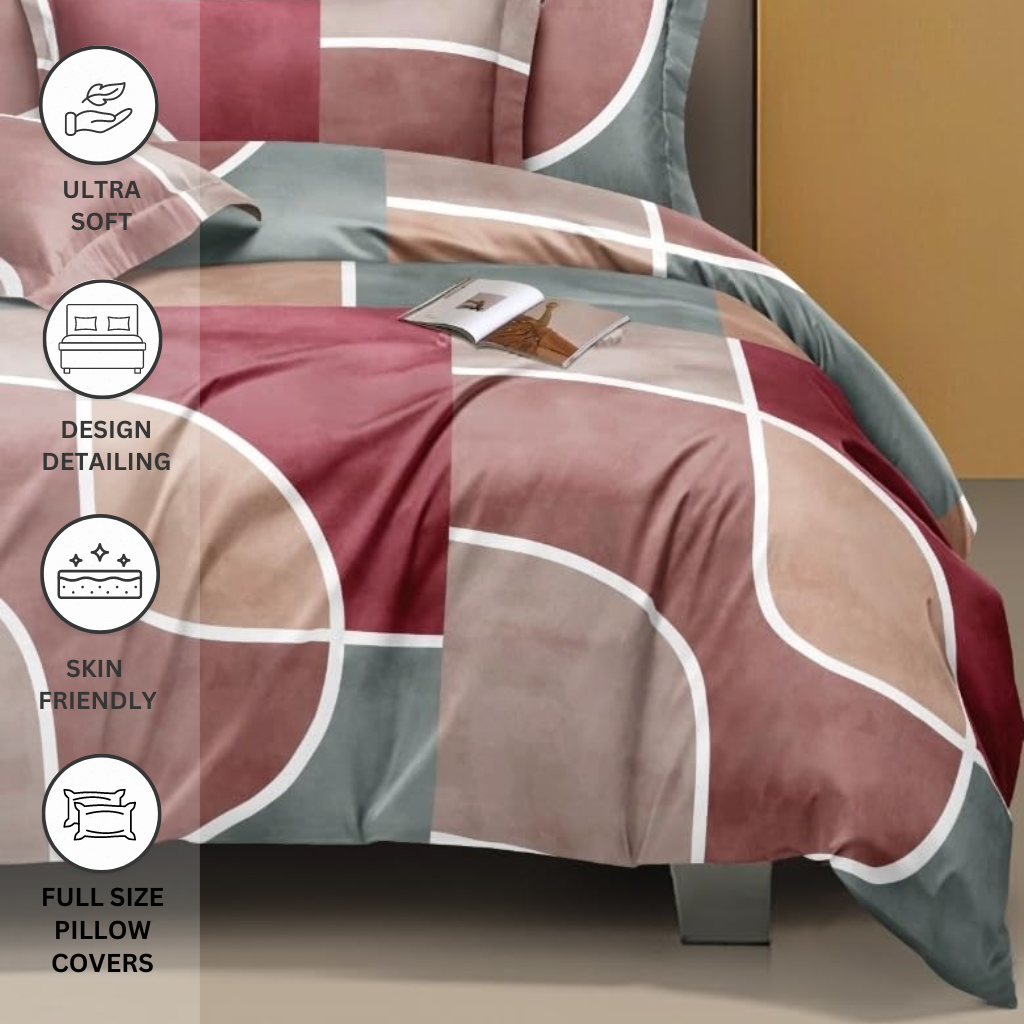 Elastic Red Geometric Glazed Cotton King Size Bedsheet with 2 Pillow covers - Homesignia