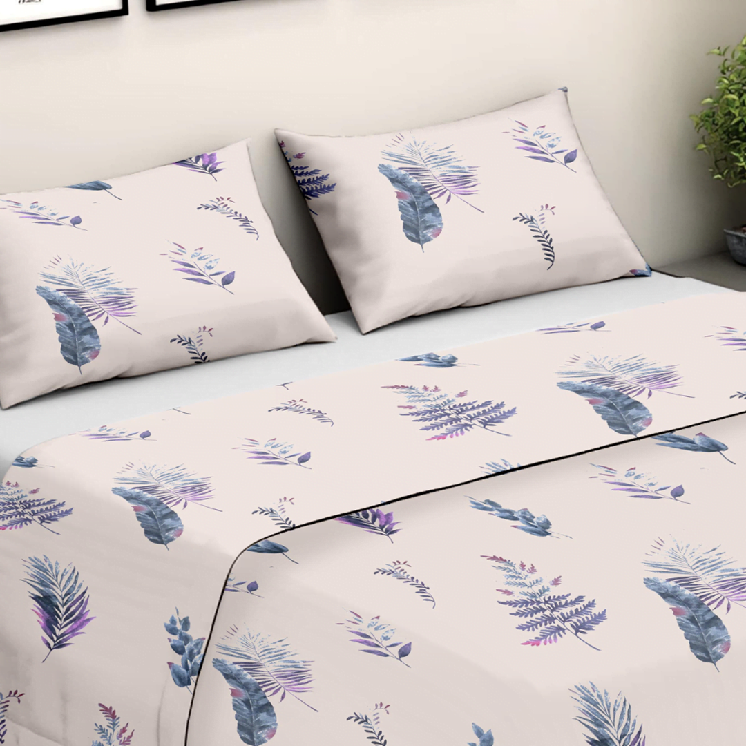 280 TC Pastel Ferns Flat King Size Bedsheet with 2 Pillow Covers - Homesignia
