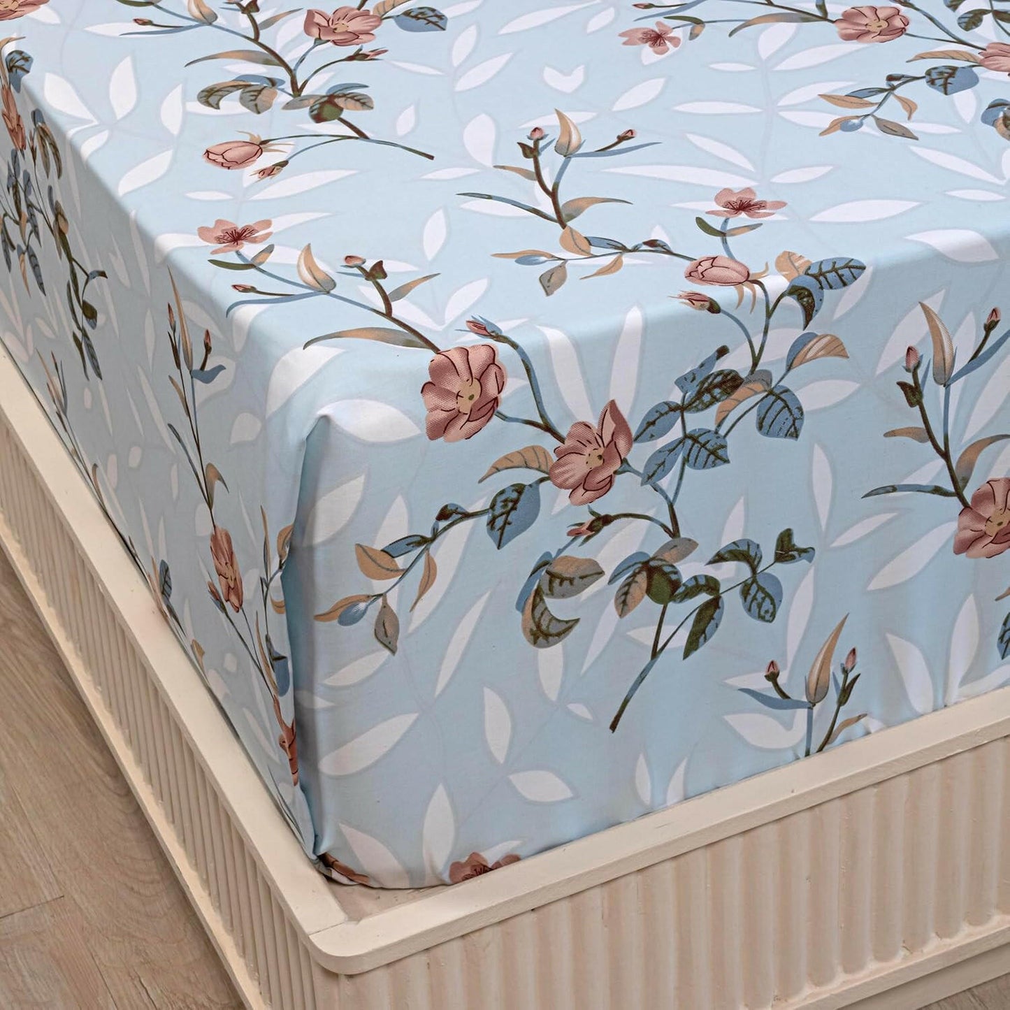 280 TC Light Blue Floral King Size Bedsheet Set - Homesignia