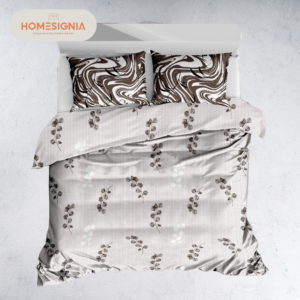Beige Leafy Bliss King Size Bedsheet with Contrast Pillow Covers - Homesignia
