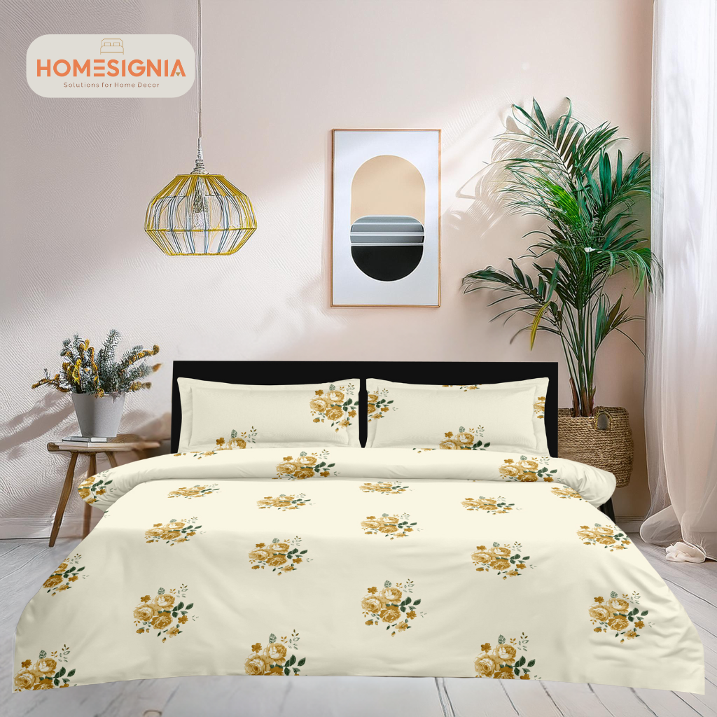 260 TC Lemon Blossom Light Floral King Size Bedsheet with 2 pillow covers - Homesignia