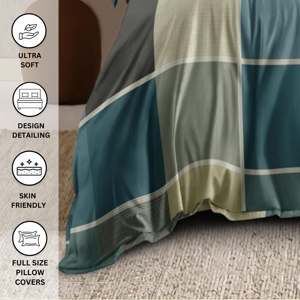 Aqua and Grey King Size Bedsheet with 2 Pillow Covers - Homesignia