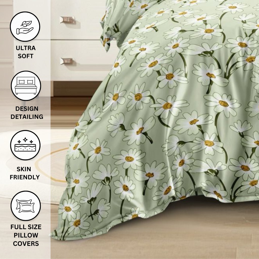 Elastic Green Floral Glazed Cotton King Size Bedsheet with 2 Pillow covers - Homesignia