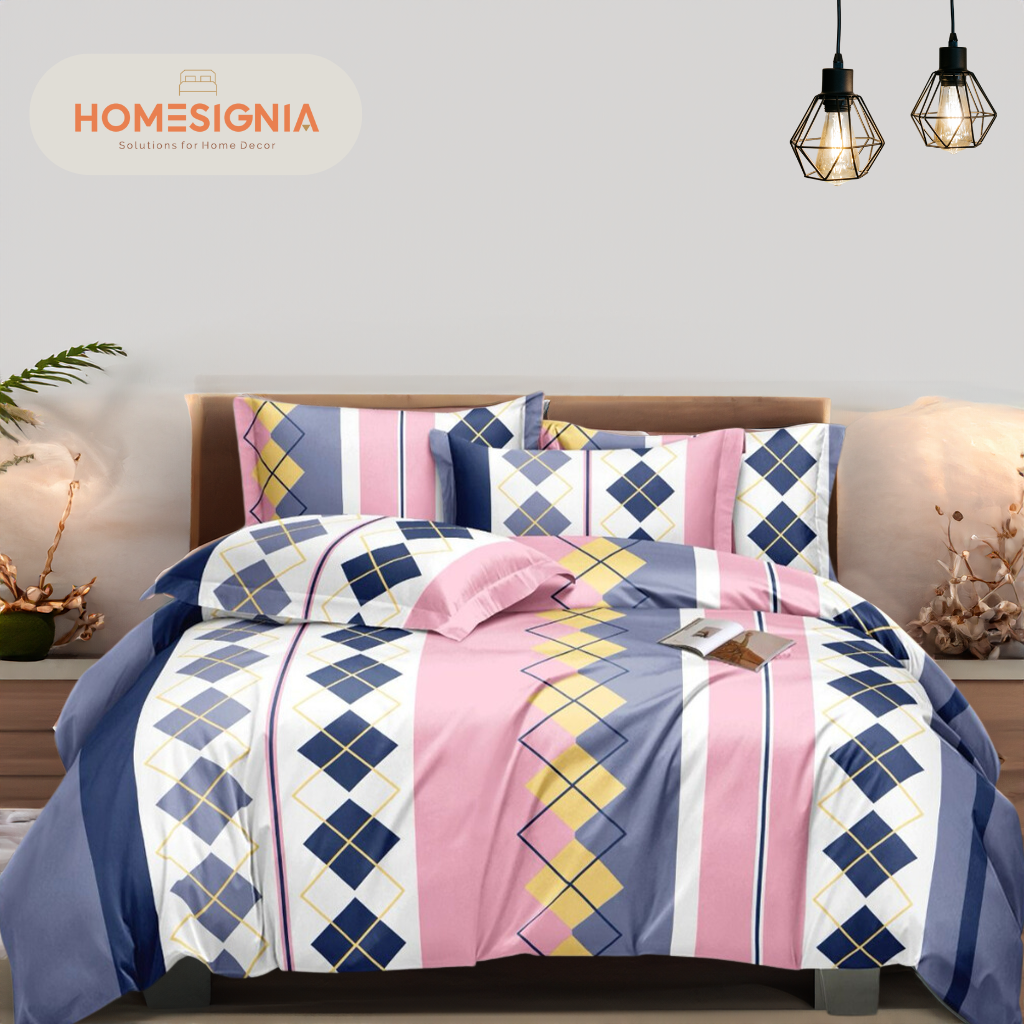 Pink & Navy Geometric Double Bedsheet with 2 Pillow Covers - Homesignia
