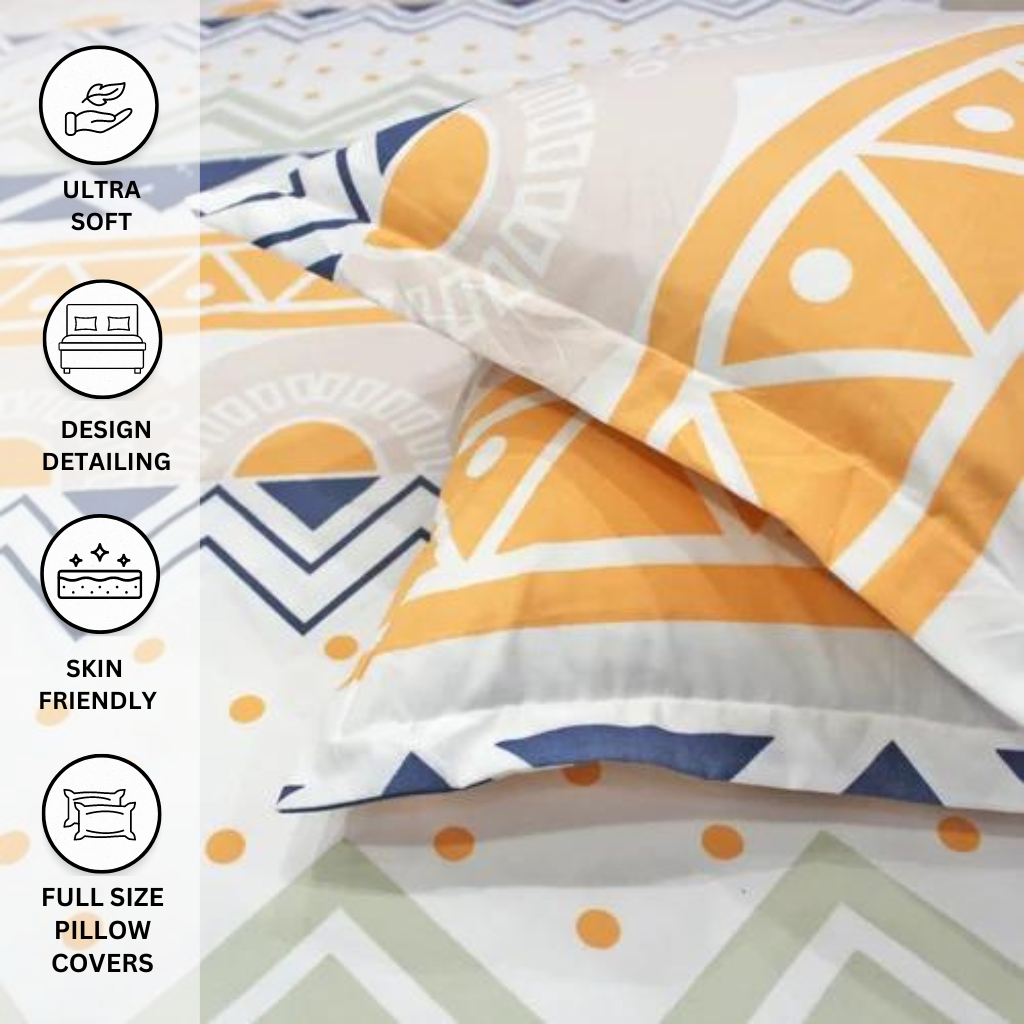 Stylish Navy & Mustard Queen Size Bedsheet with 2 Pillow Covers - Homesignia