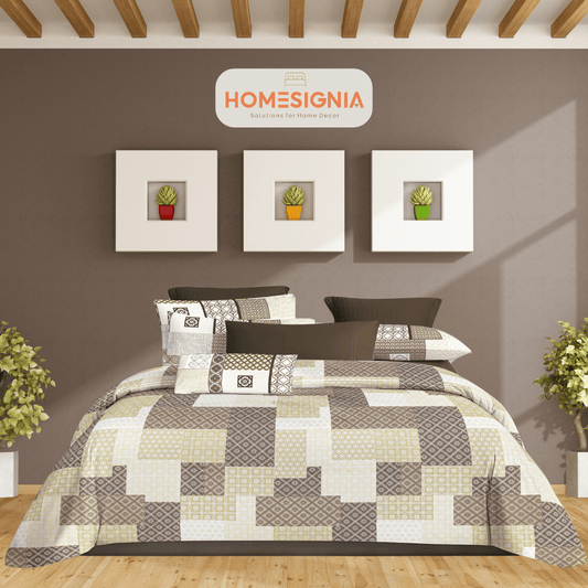 Beige & Brown Geometric Patchwork Cotton Bedsheet