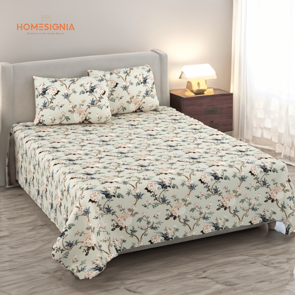 100% Cotton Peacock-Floral Fitted King Size Bedsheet