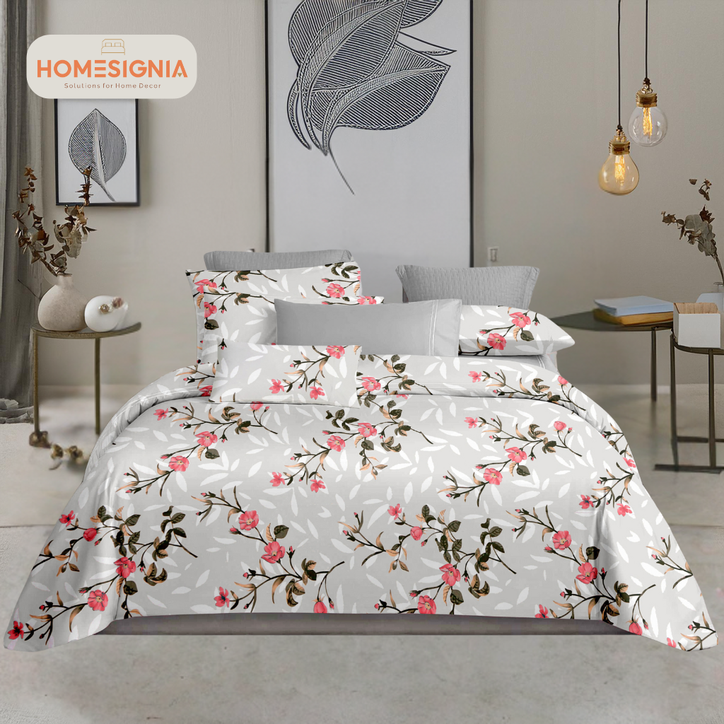 280 TC Grey Floral King Size Bedsheet with 2 Pillow Covers