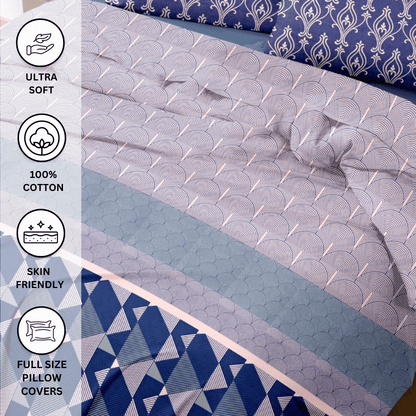 210 TC Luxury Blue Geometric  Flat King Size Bedsheet with 2 Pillow Covers | 100% Cotton