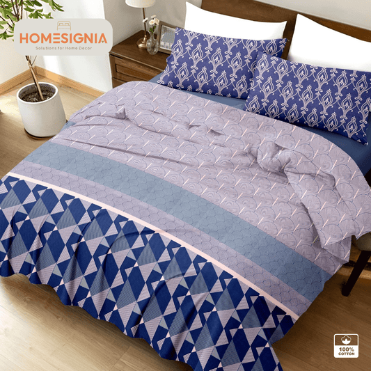 210 TC Luxury Blue Geometric  Flat King Size Bedsheet with 2 Pillow Covers | 100% Cotton