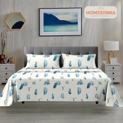 280 TC Blue Ferns Flat King Size Bedsheet Set