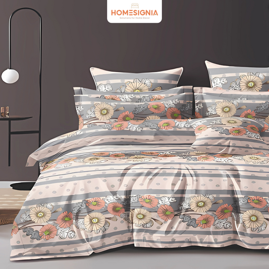 Bloom Stripe bedsheet with grey, pink, and cream floral stripes and matching pillow covers.