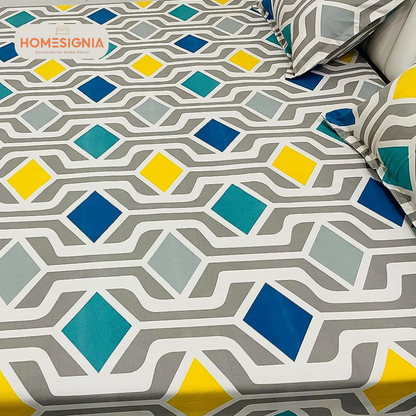 Elastic Multicolor Geometric Cotton Blend King Size Bedsheet