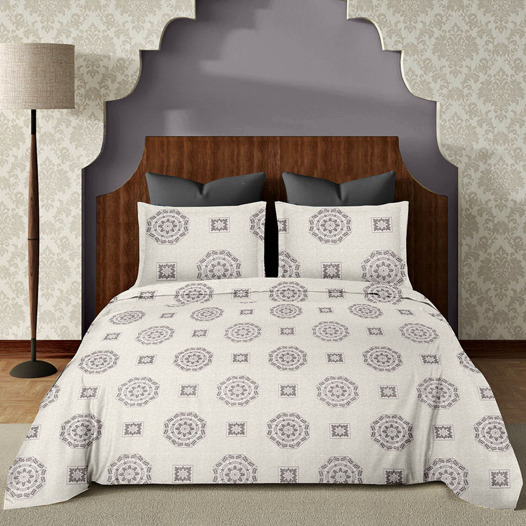 400 TC Cream and Grey Geometric PatternKing Bedsheet - Homesignia