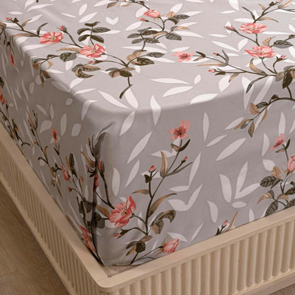 280 TC Grey Floral King Size Bedsheet with 2 Pillow Covers