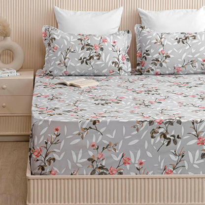 280 TC Grey Floral King Size Bedsheet with 2 Pillow Covers