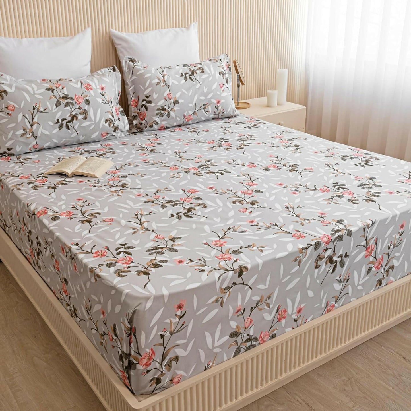 280 TC Grey Floral King Size Bedsheet with 2 Pillow Covers