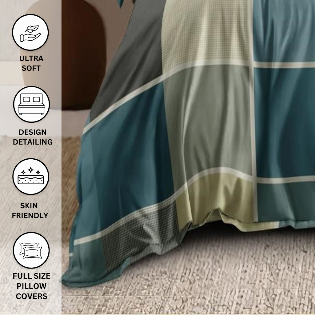 Aqua and Grey King Size Bedsheet with 2 Pillow Covers