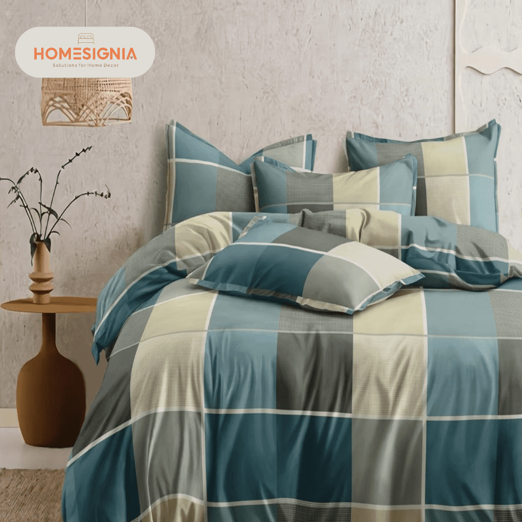 Aqua and Grey King Size Bedsheet with 2 Pillow Covers