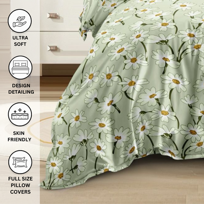 Elastic Green Floral Glazed Cotton King Size Bedsheet with 2 Pillow covers