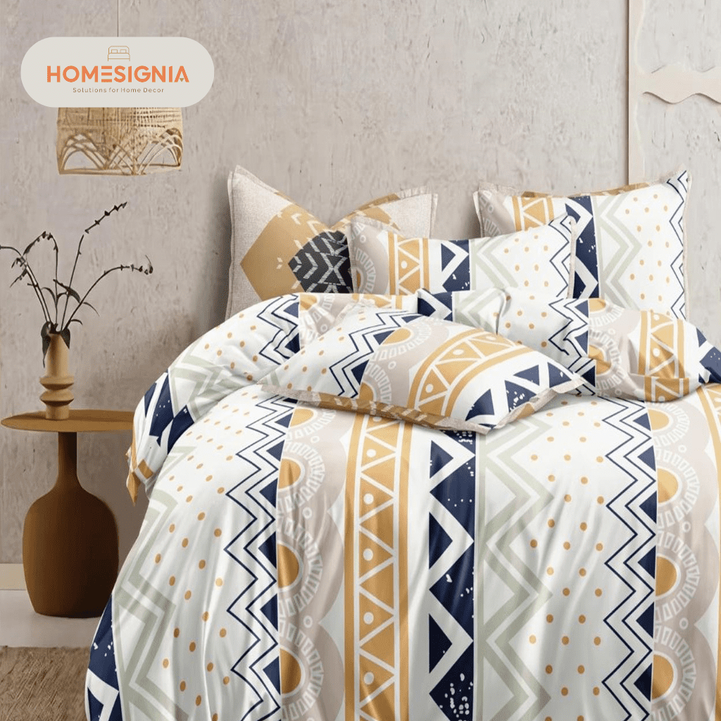 Stylish Navy & Mustard King Size Bedsheet with 2 Pillow Covers